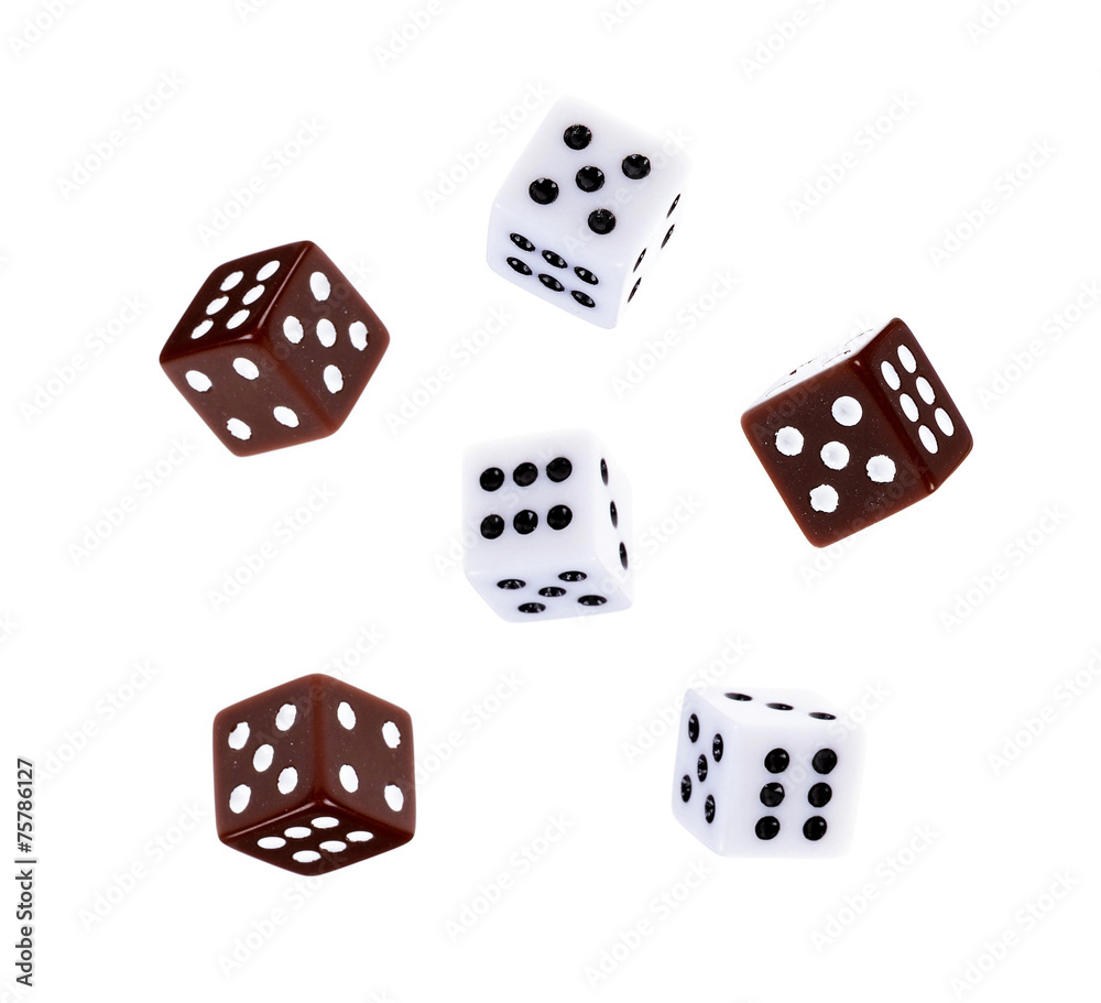 White and colored dice through the Air Isolated on White White and colored dice through the Air Isolated on White