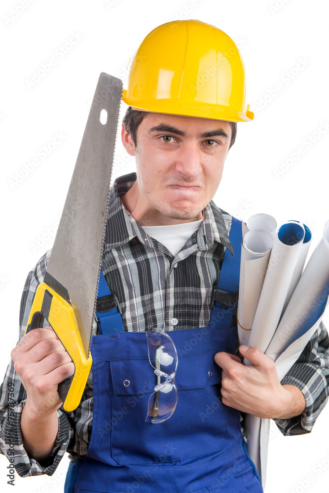 young worker with a handsaw is angry young worker with a handsaw is angry