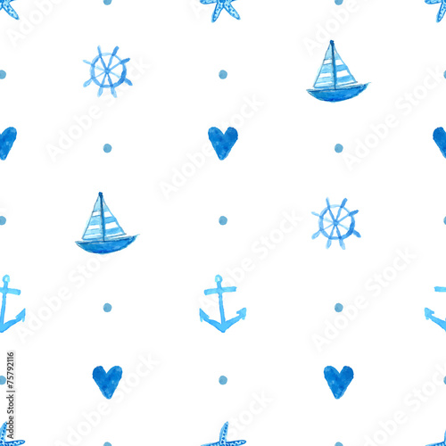 Seamless marine pattern with hand painted watercolor ships, sea