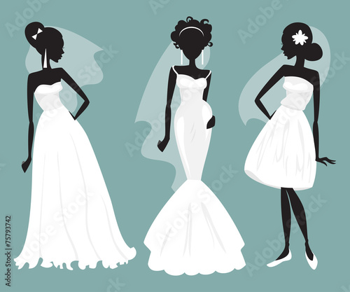 Set brides in various wedding dresses. Vector illustration