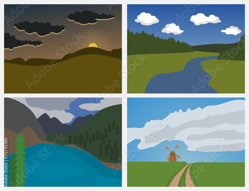 Collection of simple landscapes in flat design