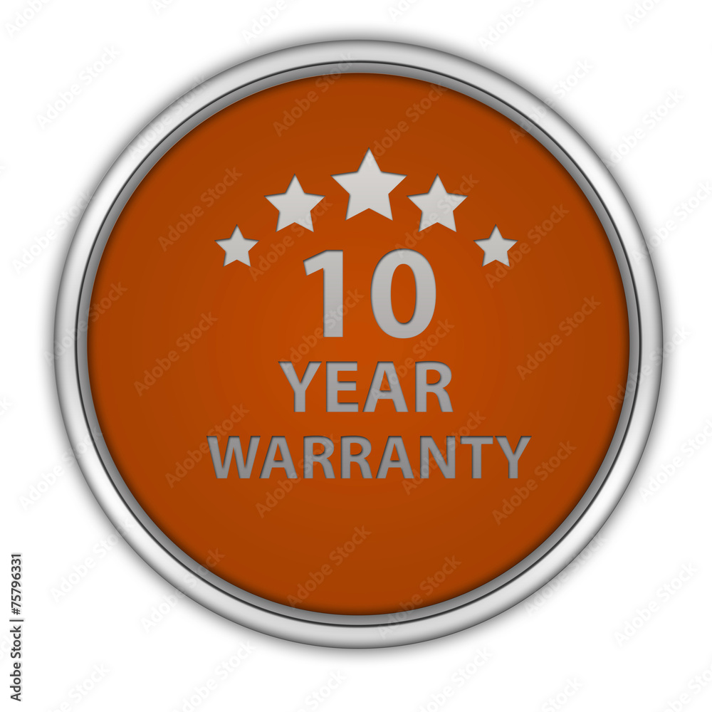 Ten year warranty circular icon on white background