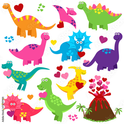 Fototapeta Naklejka Na Ścianę i Meble -  Vector Set of Valentine's Day or Love Themed Dinosaurs