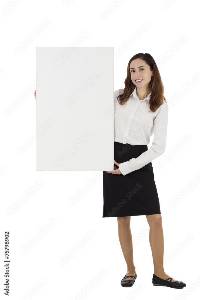 Business woman showing blank advertisement board Business woman showing blank advertisement board