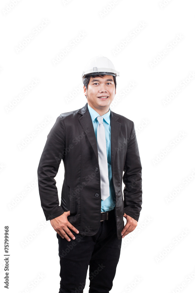 engineering man wearing white safety helmet standing and smiling engineering man wearing white safety helmet standing and smiling