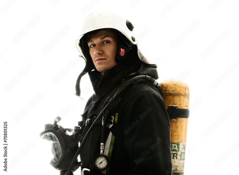 Firefighter with oxygen balloon isolated on white Firefighter with oxygen balloon isolated on white