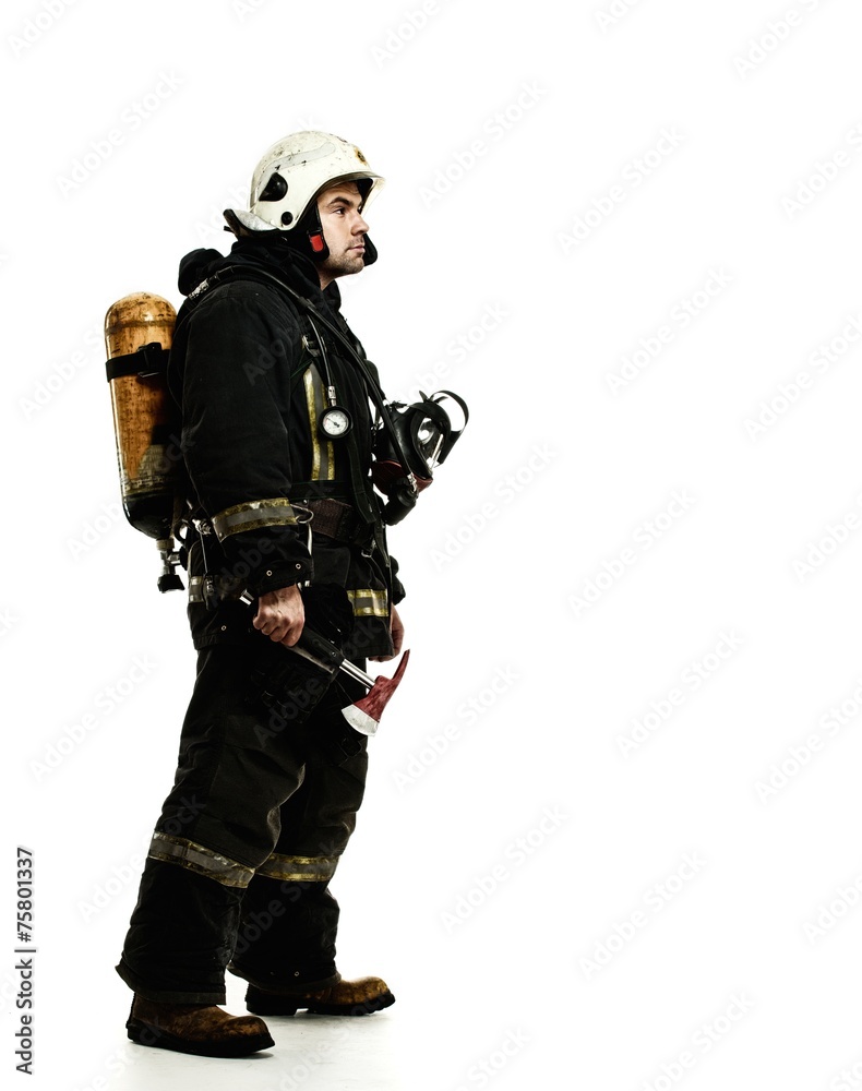 Firefighter with oxygen balloon isolated on white Firefighter with oxygen balloon isolated on white