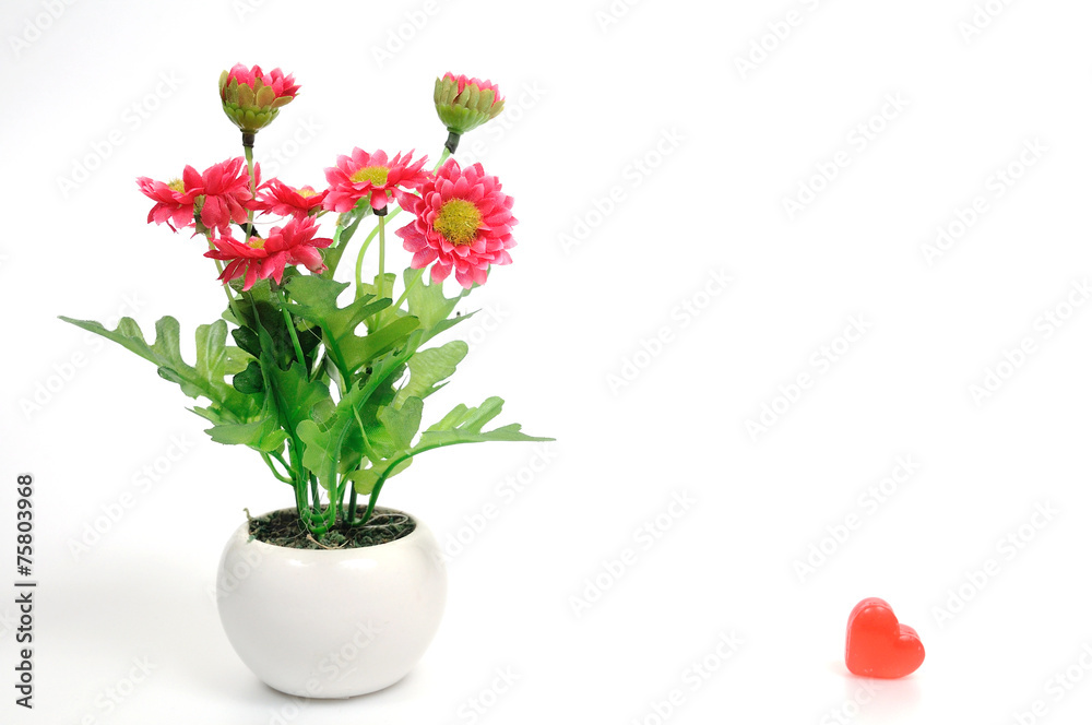 Obraz premium Red flowers in white flower pot with heart, artificially