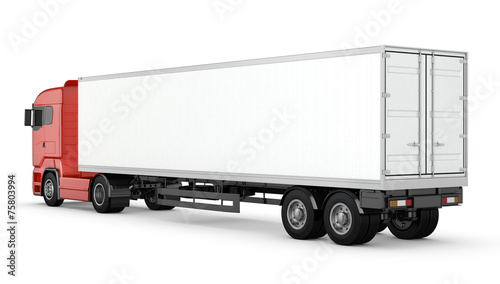 Red truck with white blank semi-trailer isolated