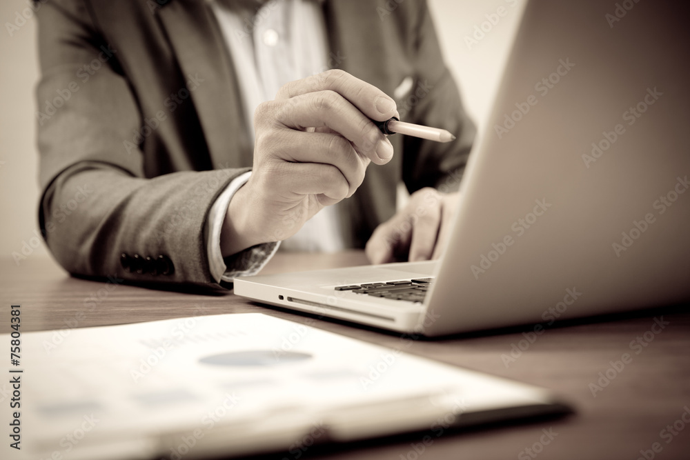 Fototapeta premium Businessman analyzing investment charts with laptop. Accounting