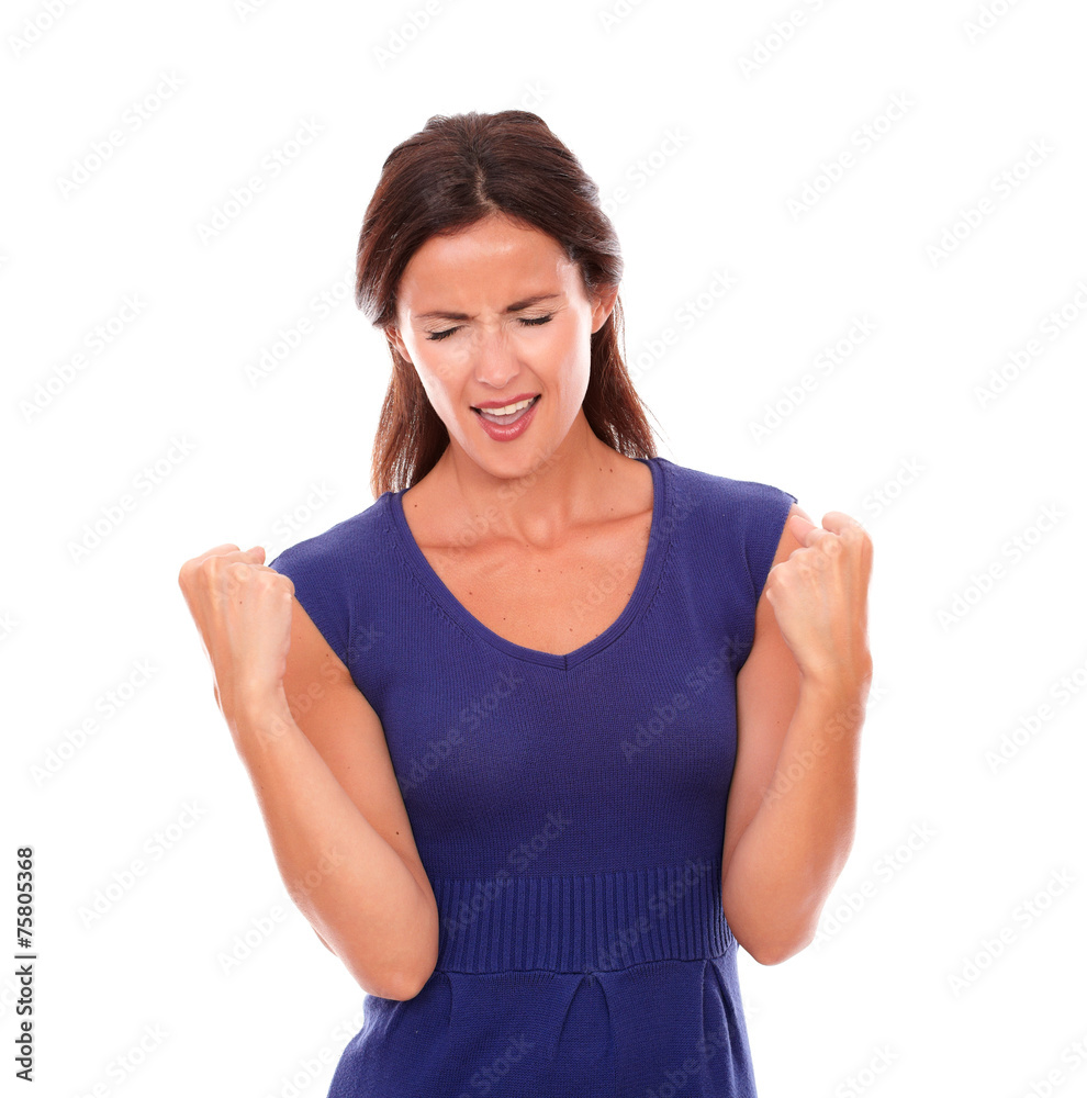 Lovely latin girl in purple dress with arms up Lovely latin girl in purple dress with arms up