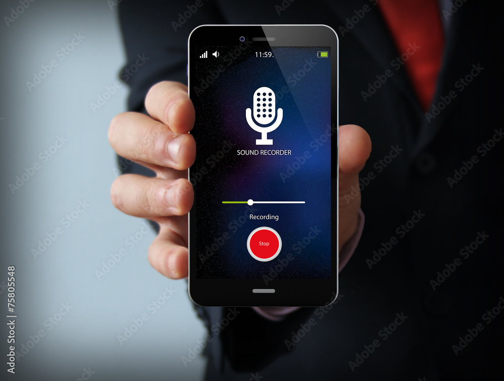 businessman with sound recorder smartphone