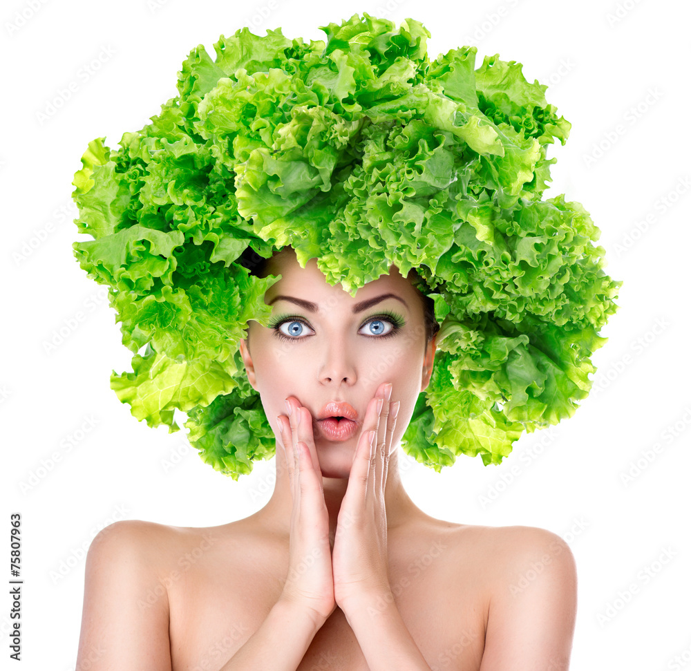 Surprised girl with green Lettuce hairstyle. Dieting concept Surprised girl with green Lettuce hairstyle. Dieting concept