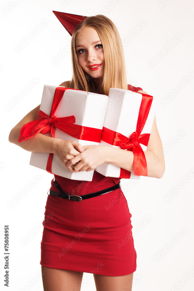 Beautiful girl holding gift boxes, happy Birthday Beautiful girl holding gift boxes, happy Birthday