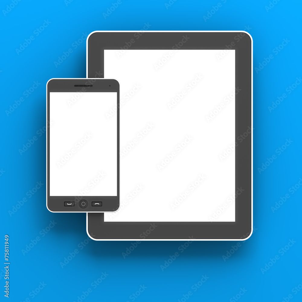 Generic digital tablet and smartphone against blue background Generic digital tablet and smartphone against blue background