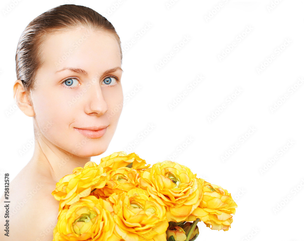 Fototapeta premium Beauty portrait woman and yellow flowers on a white background