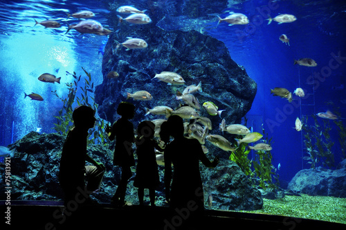 Silhouettes of family with kids in oceanarium