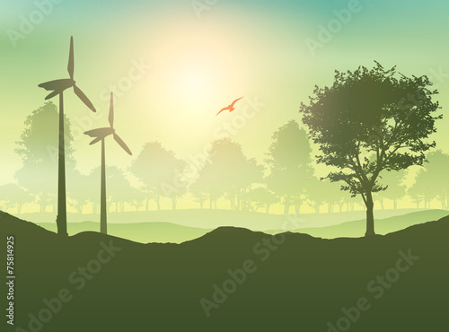 Wind turbines and tree landscape
