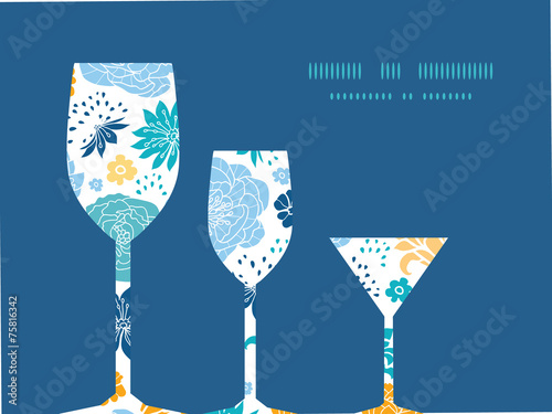 Vector blue and yellow flowersilhouettes three wine glasses