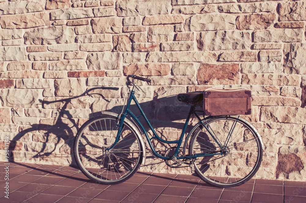 Vintage bicycle and old suitcase in a stone wall