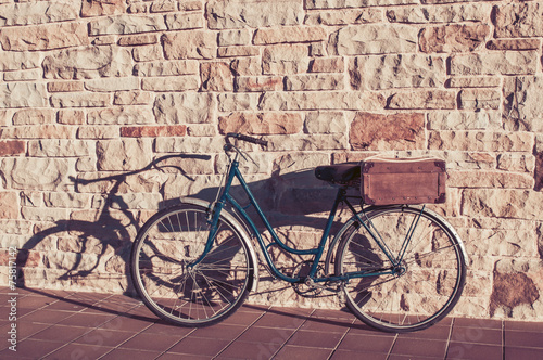 Vintage bicycle and old suitcase in a stone wall