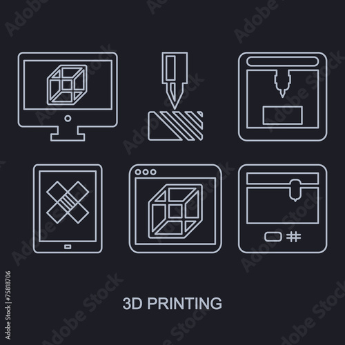 thee D Printing icon set showing manufacturing printers, tablet