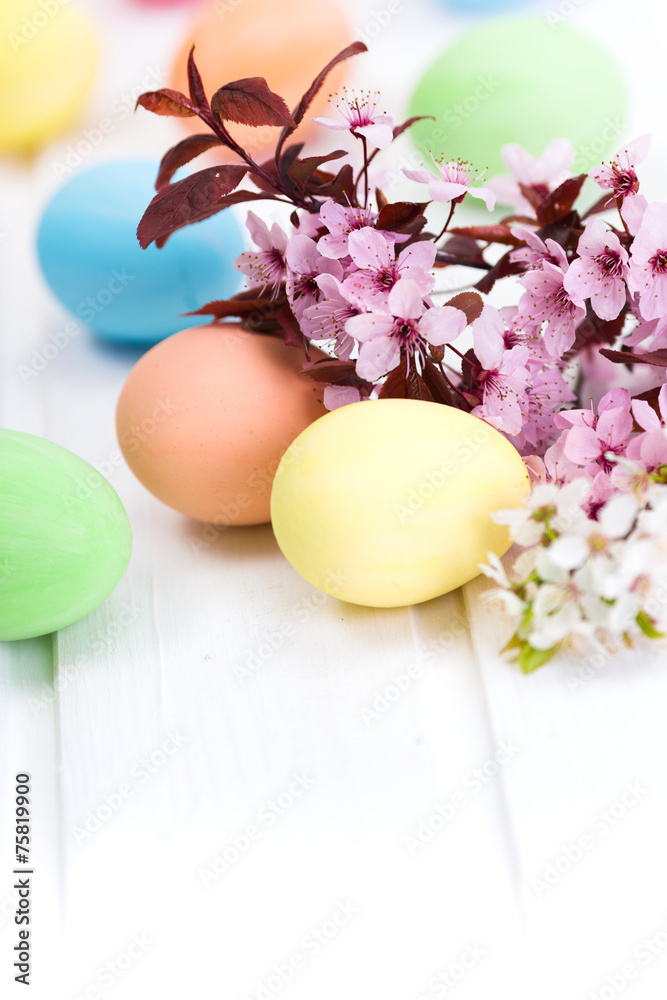 Easter eggs and peach flowers Easter eggs and peach flowers