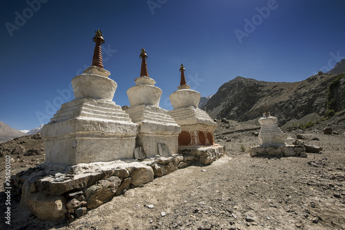 Three stupa and blue sky at Diskit monastery  Ladakh