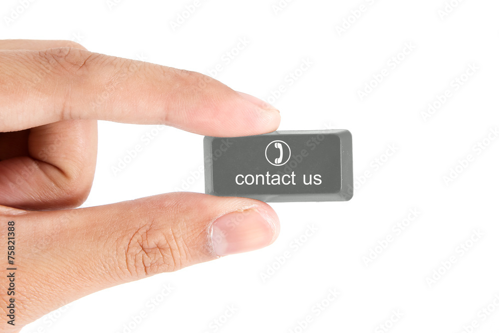 Hand holding contact us computer key . Hand holding contact us computer key .