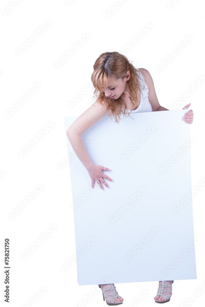Young woman posing with a placard Young woman posing with a placard
