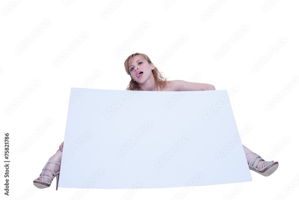 Young woman posing with a placard Young woman posing with a placard