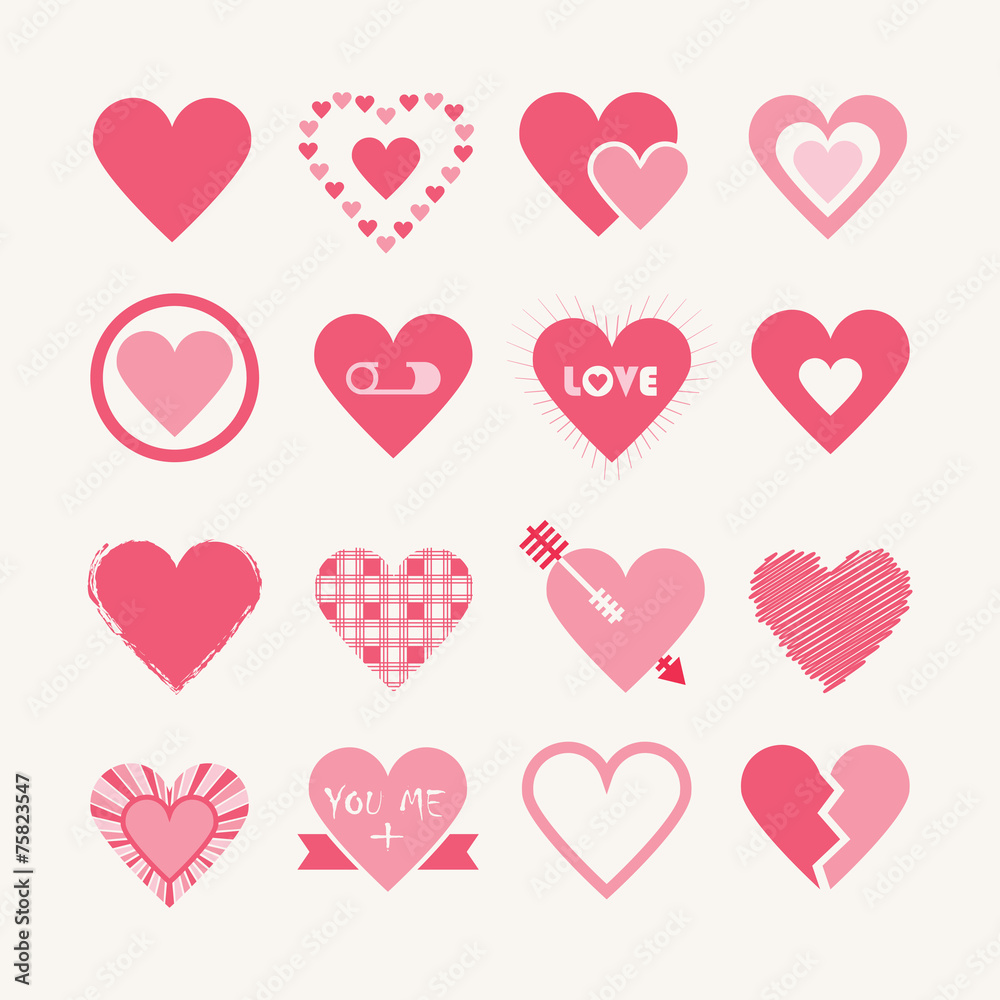 Assorted designs of pink hearts icons set