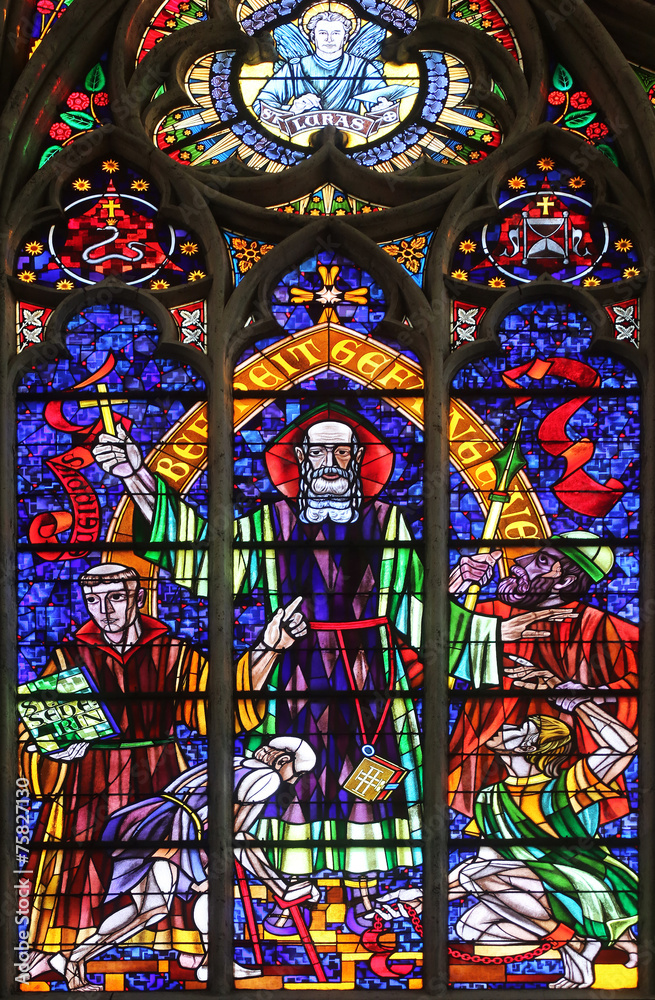 St. Severin, Stained glass in Votiv Kirche in Vienna, Austria St. Severin, Stained glass in Votiv Kirche in Vienna, Austria