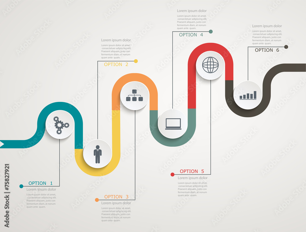 Road infographic timeline with icons, stepwise structure - obrazy, fototapety, plakaty 