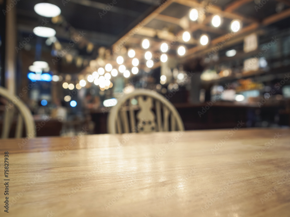 Top of wood table with Bar restaurant background Top of wood table with Bar restaurant background