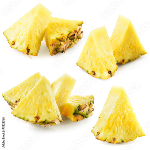 Fresh cut pineapple. Pieces isolated on white background. Collec