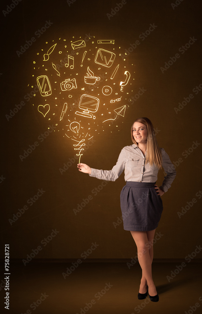 Businesswoman with a social media balloon Businesswoman with a social media balloon