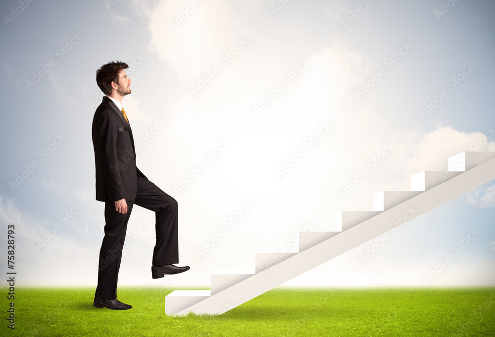 Business person climbing up on white staircase in nature Business person climbing up on white staircase in nature