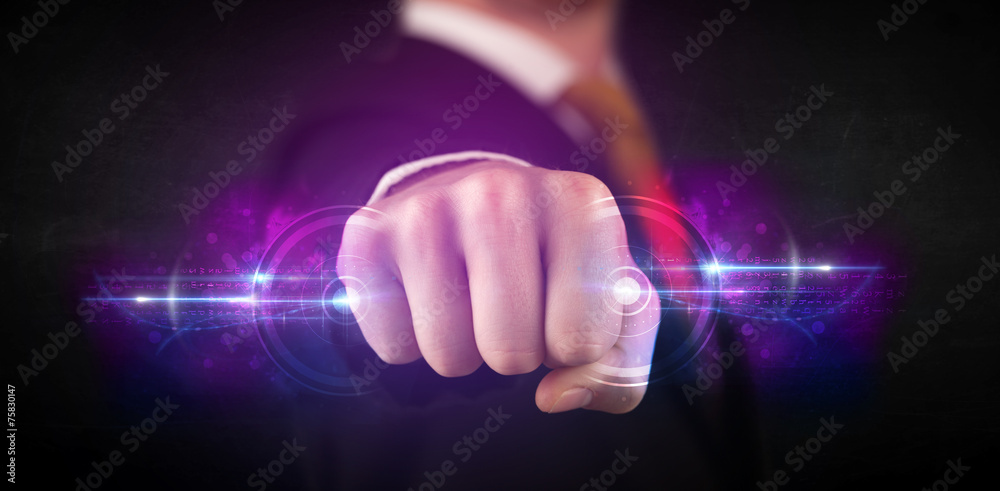 Business man holding future technology data system network