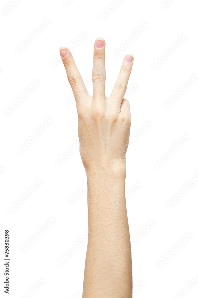 hand is showing three fingers isolated on white background hand is showing three fingers isolated on white background