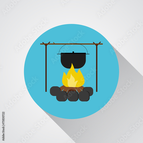 Campsite Bonfire with a camping pot - vector icon with shadow on