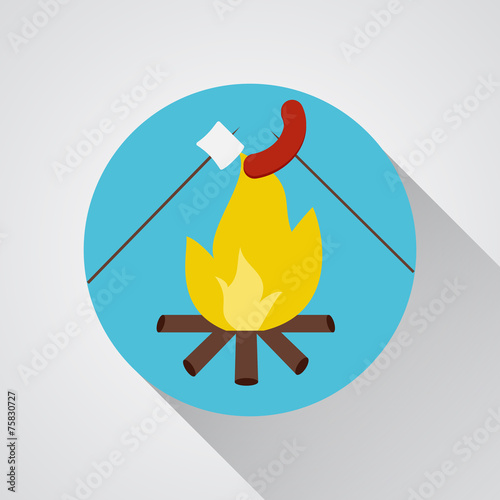 Bonfire with marshmallow and sausage- vector icon with shadow on