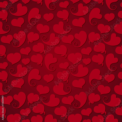 Dark seamless pattern. Red hearts with shadow on a red
