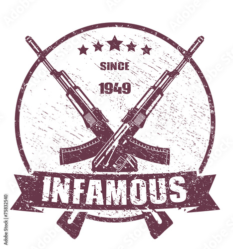 infamous since 1949 emblem scratched vector illustration, eps10
