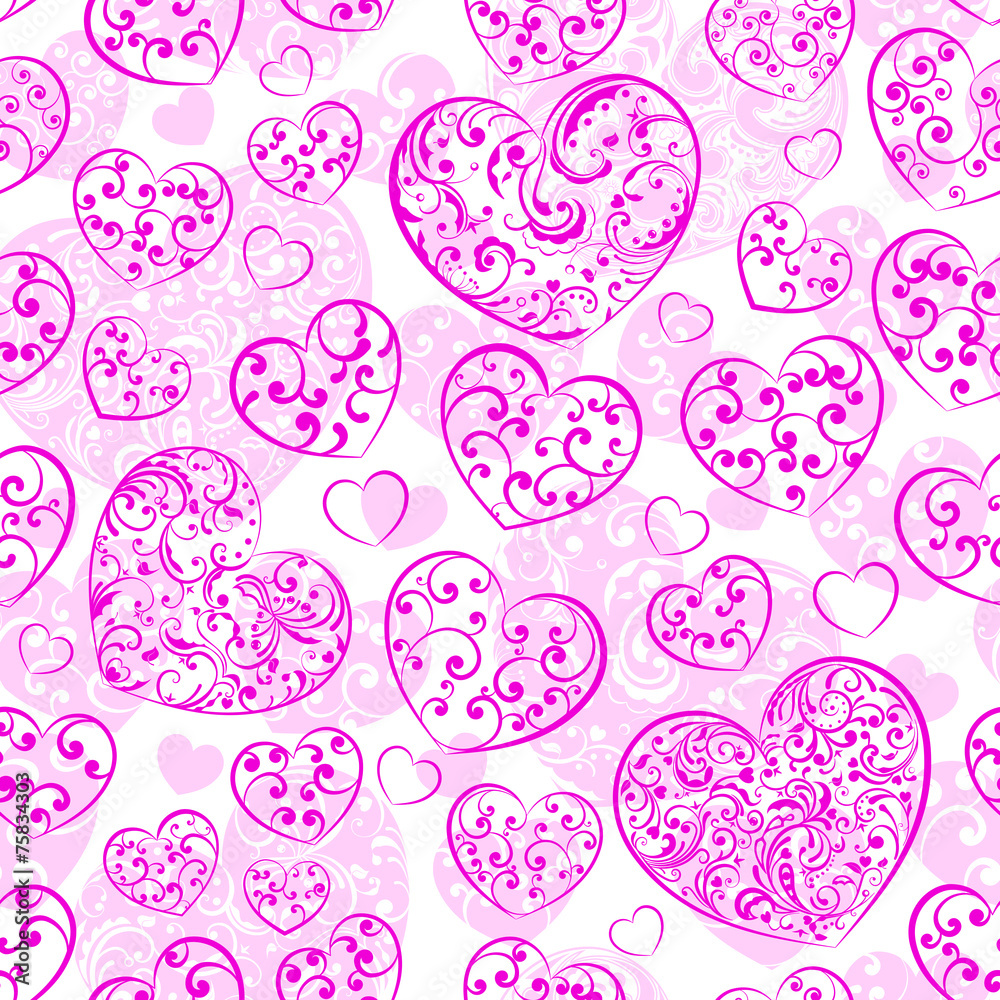 Seamless pattern of hearts, pink on white