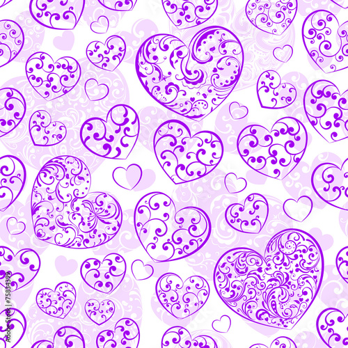Seamless pattern of hearts, violet on white