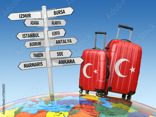 Travel concept. Suitcases and signpost what to visit in Turkey.