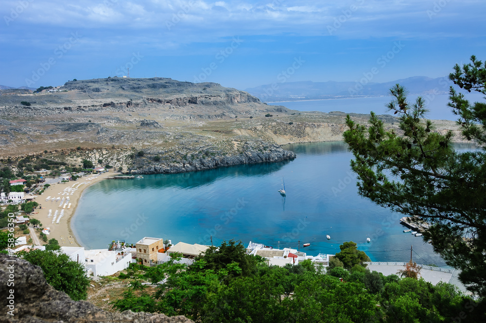 Fototapeta premium St. Paul bay blue lagoon in Lindos. Greece