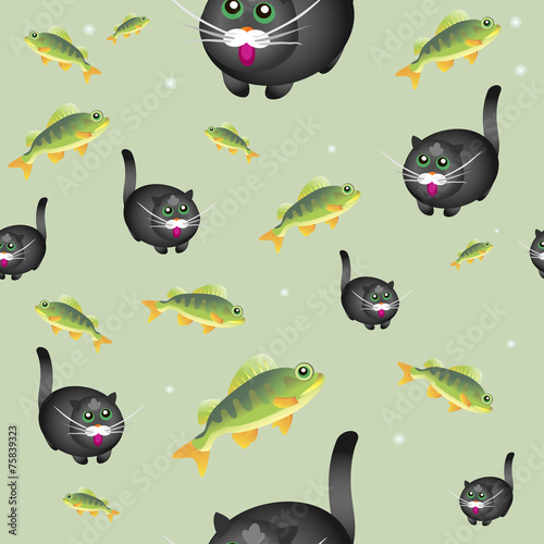 Cute funny seamless pattern with cats and fish