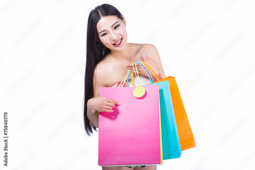 young woman with shopping bags over white background young woman with shopping bags over white background